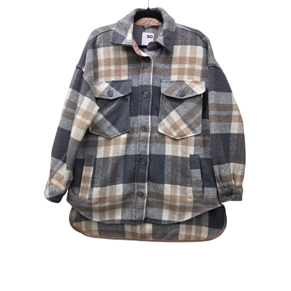 SO Goods For Life Womens Plaid Shacket Grey Tan Button Front Flannel Jacket M